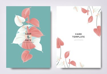 botanical wedding invitation card template design, white and red anthurium flowers with circle frame on blue background, minimalist vintage style