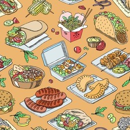 street food vector fastfood burger or grilled sausages and traditional cuisine taco or falafel illustration set of fast snack shawarma and chicken kebab seamless pattern background