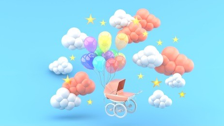 pink stroller and floating balloons surrounded by clouds and stars on a blue background.-3d render.
