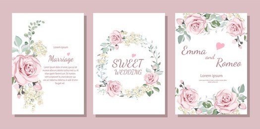 set of card with flower rose, leaves. wedding ornament concept. floral poster, invite. vector decorative greeting card or invitation design background