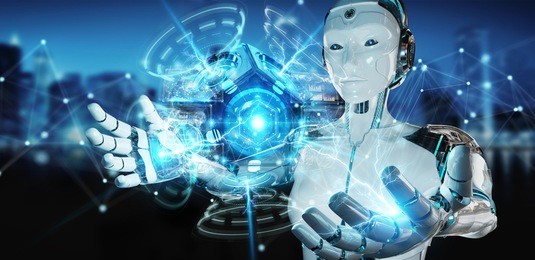 white woman humanoid on blurred background using drone security camera 3d rendering