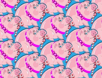 seamless texture with pigs, pattern with pig, beautiful pig with candy, symbol of year 2019, chinese new year, background with animals, print for gift paper, vector illustration