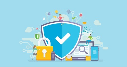 network security tiny people character concept vector illustration, suitable for wallpaper, banner, background, card, book illustration, web landing page, and other related creative