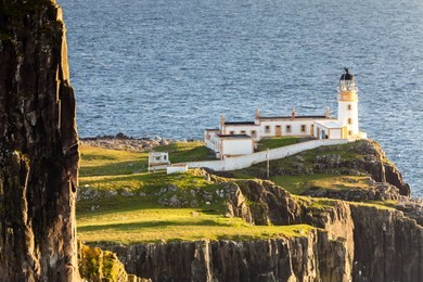 lighthouse at neist point, isle of skye, scotland, uk