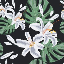 seamless floral pattern of exotic tropical lilies and monster lives. isolated on dark black background. fabric texture. wallpaper.