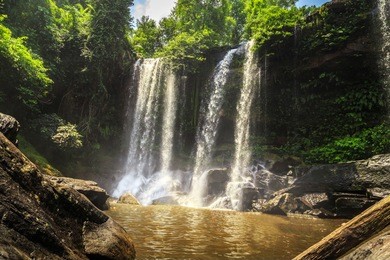 the phnom kulen waterfall in cambodia's national park.  siem reap, cambodia.