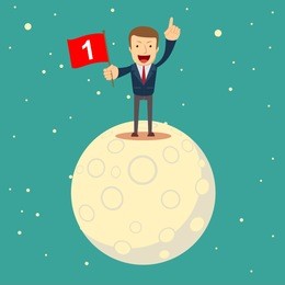 a man in a business suit conquered the moon. happy businessman holding number one flag. start up business concept. stock flat illustration.