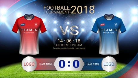 2018 world championship football cup, soccer jersey mock-up and scoreboard match vs strategy broadcast graphic template, for presentation score or game results (vector eps10, fully editable)