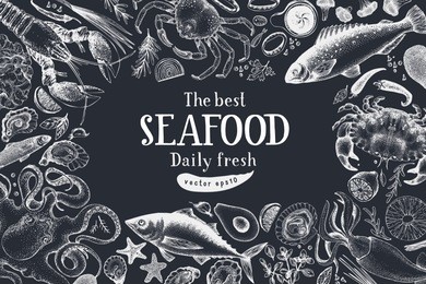 seafood vector illustration. can be use for restaurants menu, cover, packaging. vintage hand drawn banner template. retro background. chalk board.