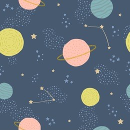vector seamless childish pattern with space elements: stars, planets, asteroids. can be used for kids design, fabric, wallpaper, wrapping, textile, apparel.