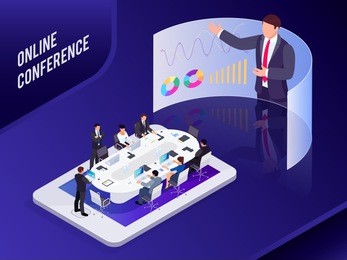 conference online. isometric business concept. 3d businessmen sit at a large table and listen to a report, analyze data on computers. business meeting on the smartphone. vector illustration.
