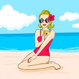 cute cartoon woman with sunscreen on the beach