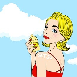 cute cartoon woman with sunscreen on blue background