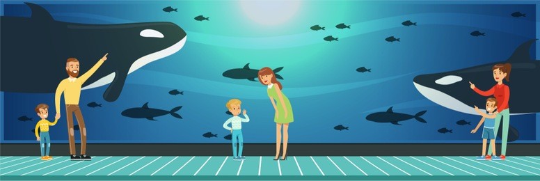people visiting an oceanarium, parents with children watching underwater scenery with sea animals vector illustration in flat style