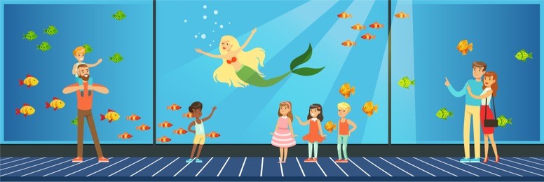 people visiting an oceanarium, children watching underwater scenery with sea animals vector illustration in flat style