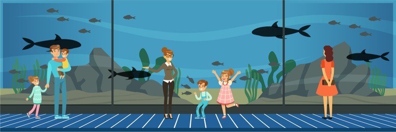 people visiting an oceanarium, kids watching sea fish at excursion with their teacher vector illustration in flat style