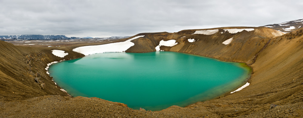 panoramic view of the viti crater in krafla, iceland.