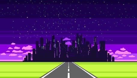 pixel art game background with road, ground, sunset, landscape, sky, clouds, silhouette city, stars and road. background with road.
