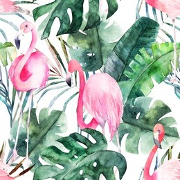 tropical seamless pattern with flamingo and leaves. watercolor summer print. exotic hand drawn illustration