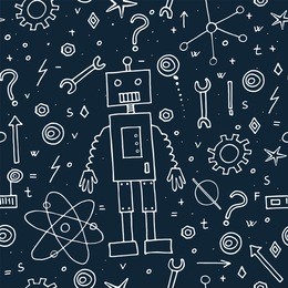 hand drawn funny robots. seamless pattern. doodle vector illustration. 