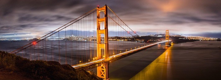 panoramic night view of golden gate bridge, san francisco downtown area in the background, california