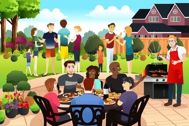 a vector illustration of friends and family gather together having bbq party in the summer