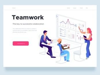people work in a team and interact with graphs. business, workflow management and office situations. landing page template. 3d vector isometric illustration.