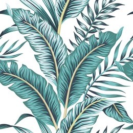 tropical banana green leaves seamless pattern white background. exotic wallpaper