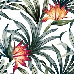 tropical vintage strelitzia floral palm leaves seamless pattern white background. exotic wallpaper