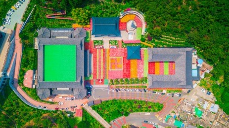aerial view of samgwangsa temple in busan city of south korea. thousands of paper lanterns decorate samgwangsa temple in busan, south korea for buddha's birthday.