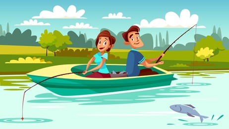 couple fishing vector illustration of young man and woman in boat with rods on lake for weekend holiday. cartoon people in love together spend romantic time catching fish looking at each other
