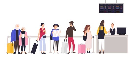 people standing in queue or line to check-in desk in order to register for flight. men and women with baggage waiting for plane departure at airport. colored cartoon vector illustration in flat style