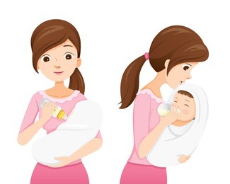 mother feeding baby with milk in baby bottle, front and side view, mother's day, suckling, infant, motherhood, innocence