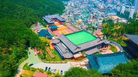 aerial view of samgwangsa temple in busan city of south korea. thousands of paper lanterns decorate samgwangsa temple in busan city of south korea for buddha's birthday.