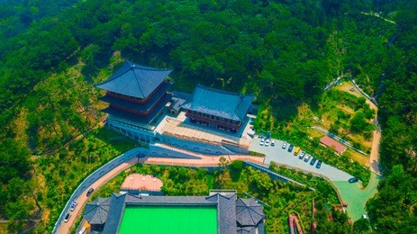 aerial view of samgwangsa temple in busan city of south korea. thousands of paper lanterns decorate samgwangsa temple in busan city of south korea for buddha's birthday.