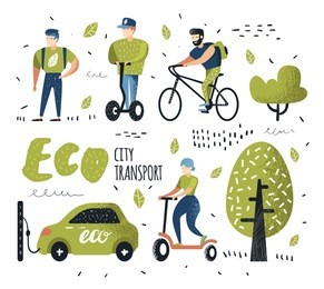 people riding eco transportation. green urban city transport. ecology concept. man on bicycle, woman on pushscooter, electrical car. vector illustration