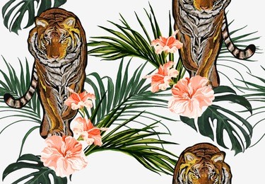 beautiful seamless vector floral summer pattern background with tropical palm leaves, flamingo, flowers. perfect for wallpapers, web page backgrounds, surface textures, textile.