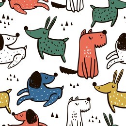 childish seamless pattern with hand drawn dogs. trendy scandinavian vector background. perfect for kids apparel,fabric, textile, nursery decoration,wrapping paper
