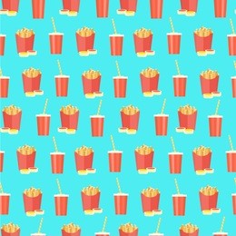 bright flat seamless pattern with cola plastic glass and french fries on blue background. cute fast food texture for textile, cafe and bar covers, banners, wrapping paper, wallpaper, menu design