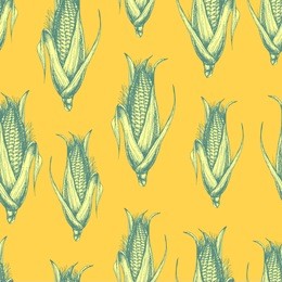 vector seamless yellow food pattern with corn. hand drawn illustration with healthy vegetables for print, wrapping, paper, fabric and other seamless design in sketch style. ink drawn engraving.
