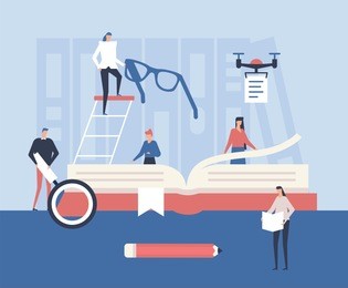 study and research - flat design style illustration. high quality composition with a big book, glasses, drone, loupe, pencil and cute characters. education theme