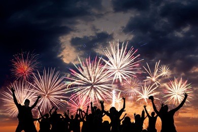 friends are happy of holiday fireworks, for christmas and new year design, background and banner