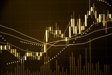 abstract financial trading graphs and digital number on monitor. background of gold and blue digital chart to represent stock market trend.