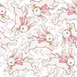 seamless pattern with cute running bunny on blooming meadow