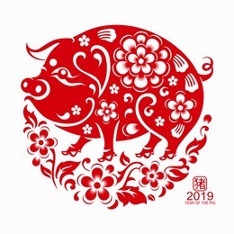happy chinese new year 2019 zodiac sign year of the pig with red paper cut art and craft style on color background.(chinese translation : year of the pig)