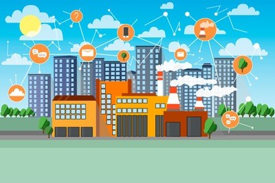 smart factory. network icons. cityline and industrial background. cartoon flat vector illustration.