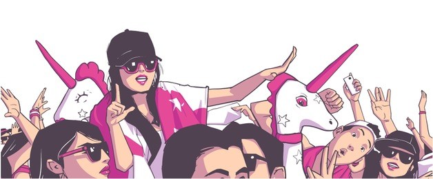 illustration of young people party festival concert with unicorn mascot