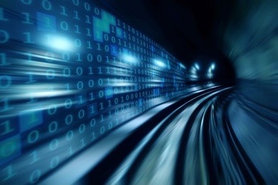 high speed with binary code numbers on motion blurred path or track, speed and faster digital matrix technology information concept.