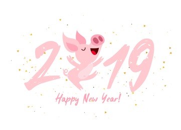 cute pink pig. happy new year. chinese symbol of the 2019 year. excellent festive gift card. vector illustration on white background.