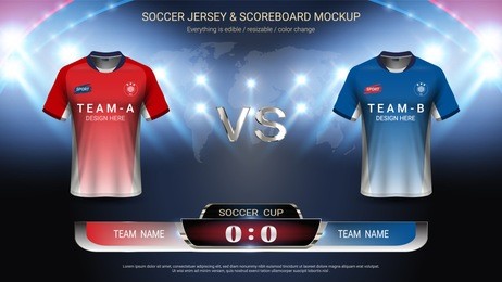football cup or world championship sport event, soccer jersey mock-up and scoreboard match vs strategy broadcast graphic template, for presentation score or game results (vector eps10, fully editable)
